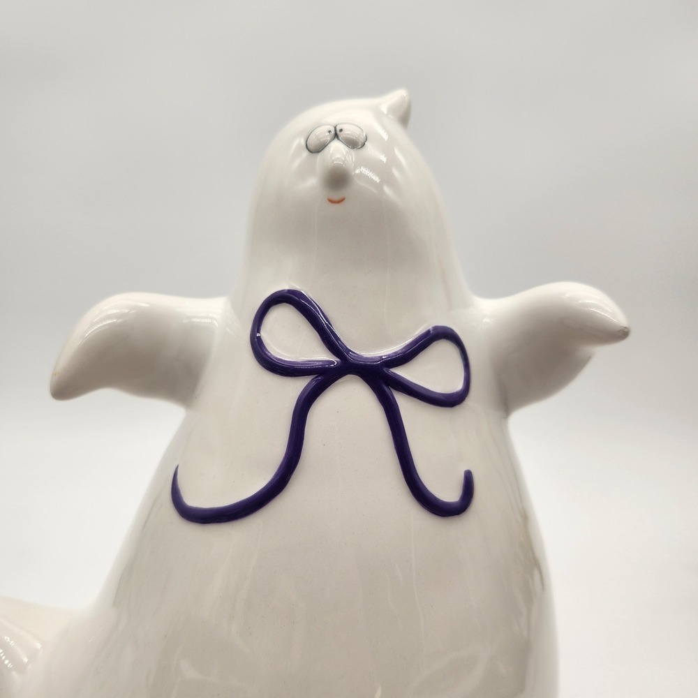 White Ceramic Whimsical Halloween Ghost Figurine Orange "BOO" Purple Bow Decor - Picture 3 of 11